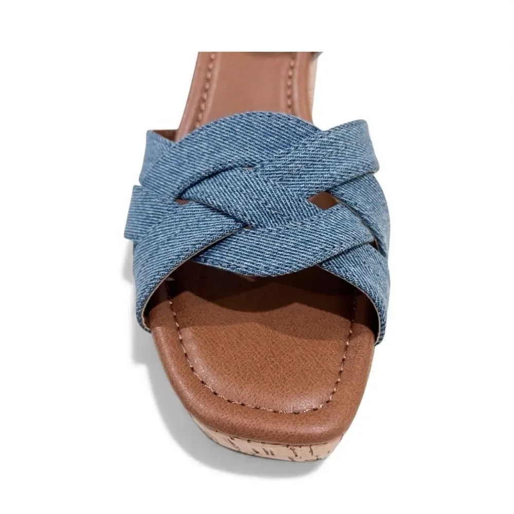 Style & Co Cerres Espadrille Wedge Sandals Denim Cork Buckle Strap Blue 9.5 NEW